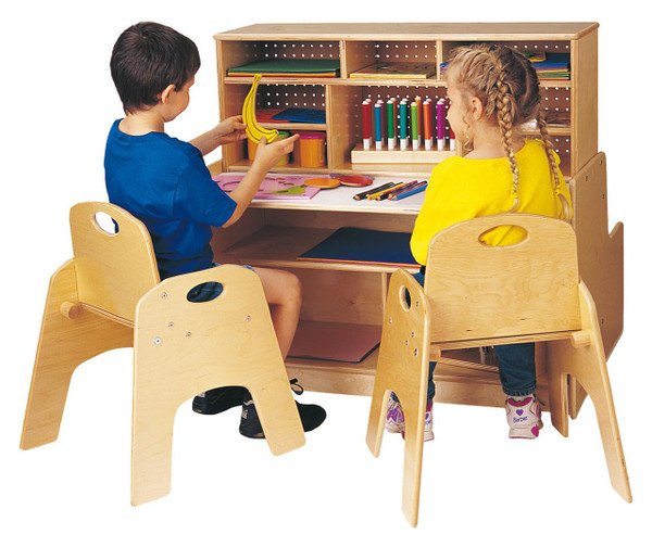 Jonti-Craft Script-n-Skills Mini Station, children playing at a wooden educational activity station with storage compartments and art supplies.