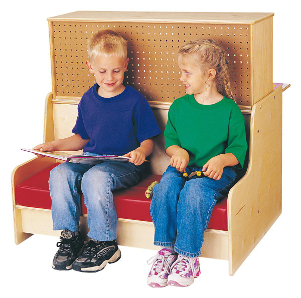 Jonti-Craft Script-n-Skills Mini Station, children sitting on a wooden bench with storage and perforated backing, engaging in a learning activity.