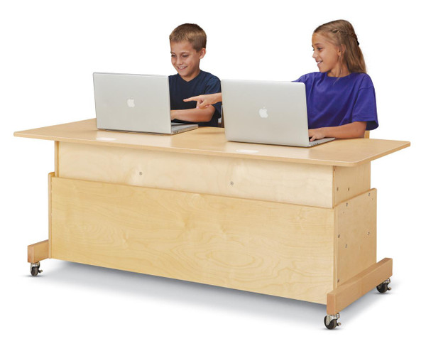 Jonti-Craft Apollo Double Computer Desk, White Top, featuring a spacious light wood surface with two children using laptops, on a plain white background.