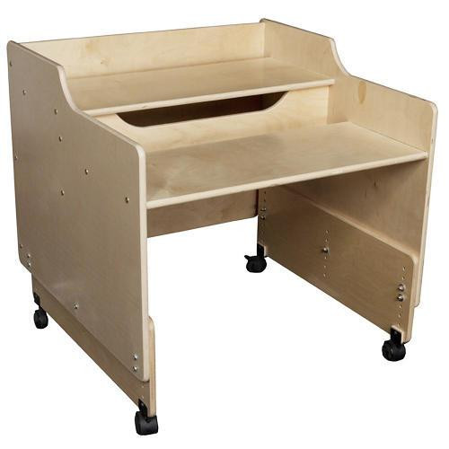 Wood Designs Mobile Computer Desk, RTA, dry wood workstation with multiple shelving and storage compartments on wheels.