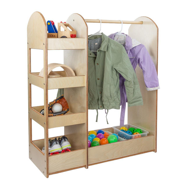 Wood Designs Contender See and Store Dress-Up Unit, Assembled wooden dress-up and storage unit with hanging clothes, toy storage bins, and shelves for kids' playroom organization.