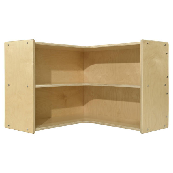 Wood Designs Contender Small Corner Storage Unit, RTA, showcasing a compact wooden corner bookshelf with two open shelves, perfect for space-saving storage in a home or office.