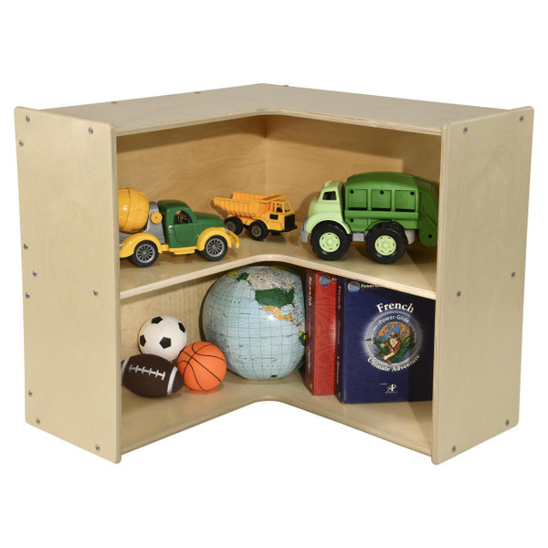 Wood Designs Contender Medium Corner Storage Unit, open wooden corner unit with two shelves containing toy trucks, a globe, a soccer ball, and books.
