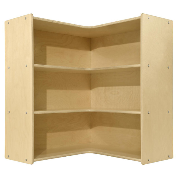 Wood Designs Contender Large Corner Storage Unit, empty wooden corner storage shelf with three spacious shelves and a natural wood finish.