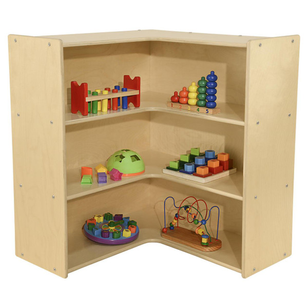 Wood Designs Contender Large Corner Storage Unit, RTA with various colorful children's toys on its shelves.