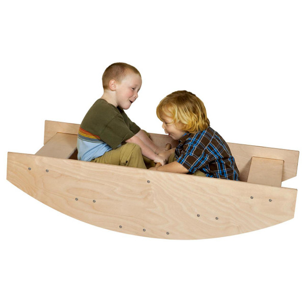 Wood Designs Contender Rock-A-Boat Climber, RTA, children playing on a wooden toy boat with two young boys enjoying fun and adventure.