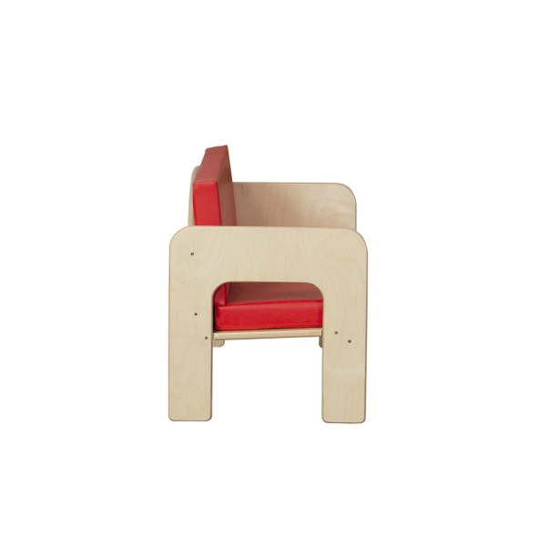 Wood Designs Kids Sofa with Red Cushions, children's wooden sofa featuring red cushioned seat and backrest for kids.