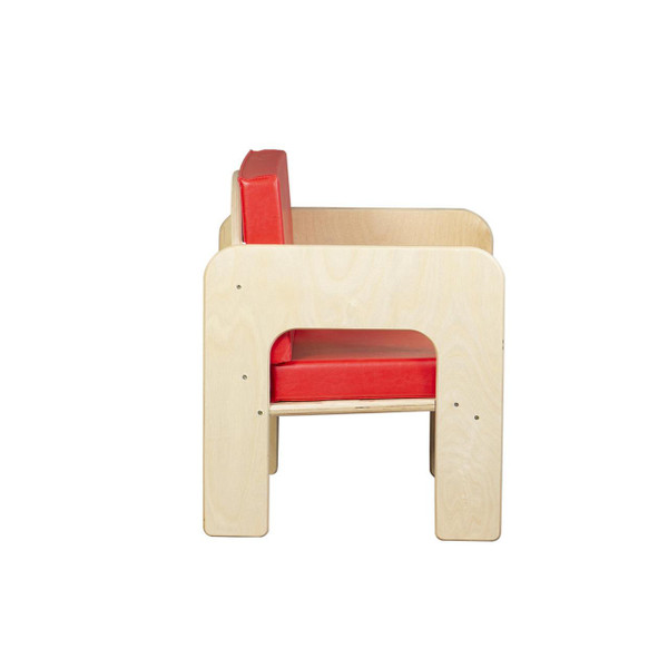 Wood Designs Kids Chair with Red Cushions, front view of a natural wooden children's chair with red cushioned seat and backrest, designed for comfort and style.