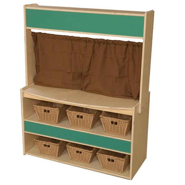 Wood Designs Farmer's Market Stand with Baskets, wooden display stand for market goods with baskets and fabric curtain