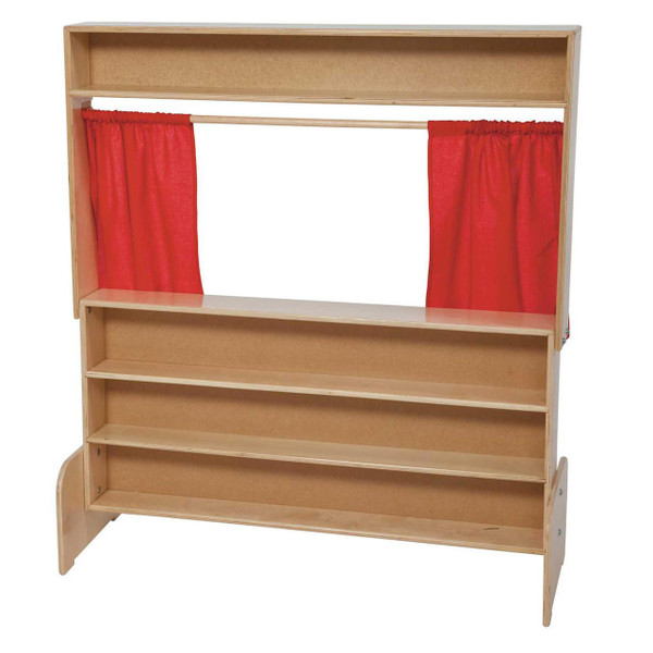 Wood Designs Deluxe Puppet Theater with Chalkboard, wooden puppet theater with red curtains and chalkboard top for children's performances.