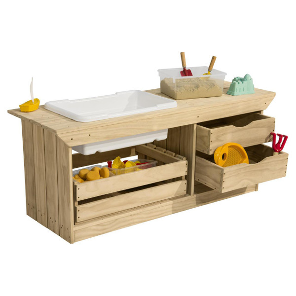 Wood Designs Kids Outdoor Mud Kitchen, wooden play kitchen with storage drawers, toy cleaning tools, and a sand box for children to enjoy imaginative outdoor play.