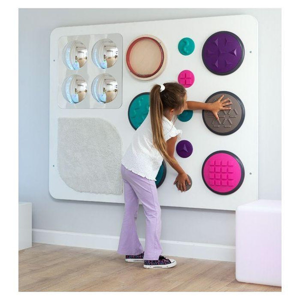 Moje Bambino Jumbo Sensory Exploration Panel, interactive sensory wall for children with various textured and colored sensory pads and objects for tactile engagement.