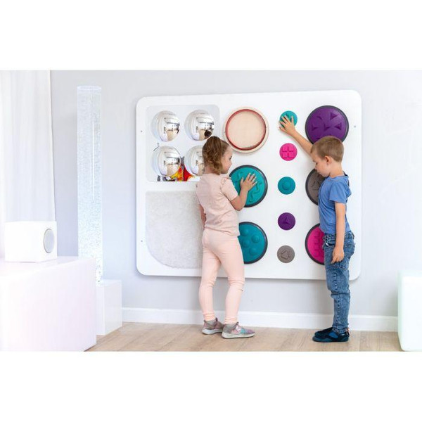 Moje Bambino Jumbo Sensory Exploration Panel, interactive sensory play wall for children with various textured and colorful elements for tactile exploration.