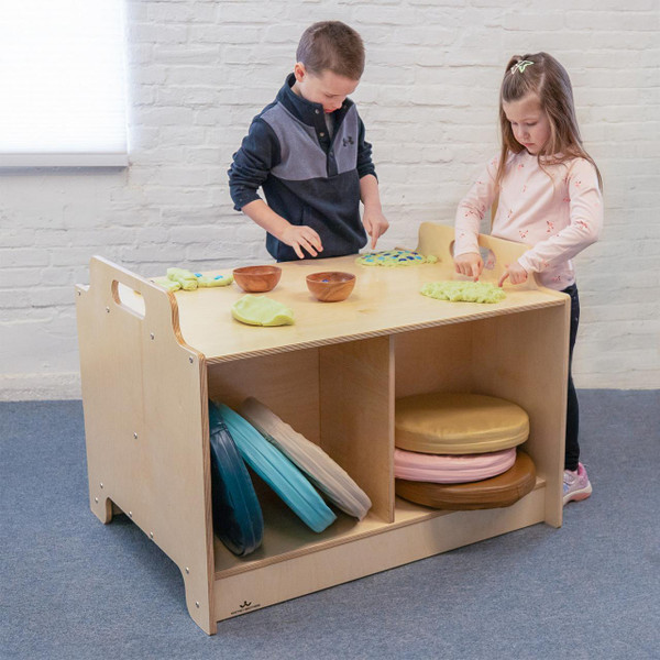 Whitney Brothers Stack-Able™ Table, children playing with playdough on a wooden activity table in a classroom setting.