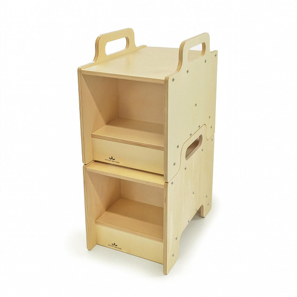 Whitney Brothers Stack-Able™ Seat, wooden stackable seating unit with two tiers and cut-out handles for easy mobility.