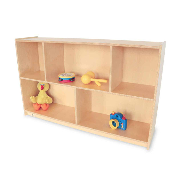 Whitney Brothers Basic Single Storage Shelf Cabinet 30H, wooden toy storage unit with six open cubby compartments containing children's toys.