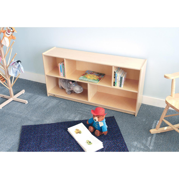 Whitney Brothers Basic Single Storage Shelf Cabinet 24H, a wooden storage unit with multiple compartments for organizing books and toys in a child's room.