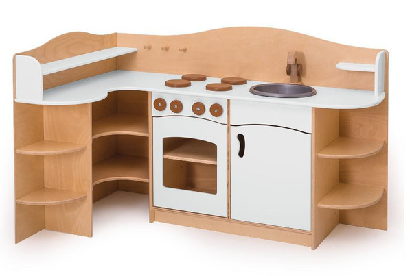 Moje Bambino Corner Play Kitchen, wooden children's play kitchen with stove, sink, shelves, and storage compartments.