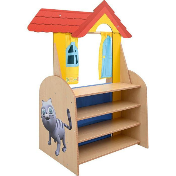 Moje Bambino Tom and Keri Puppet Theatre, colorful wooden puppet theatre with house-like roof and open window for children's puppet performances.