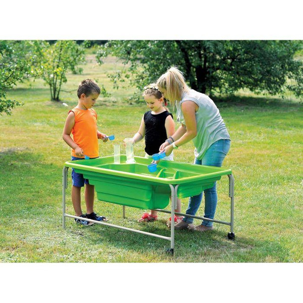 Moje Bambino Steps and Locks Mobile Sand and Water Play Table, children playing with the outdoor water and sand table in a park.