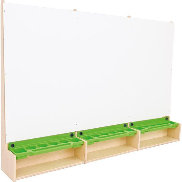 Moje Bambino Children's Art Creation Board with Storage Shelf, whiteboard with three green storage compartments at the bottom for art supplies.