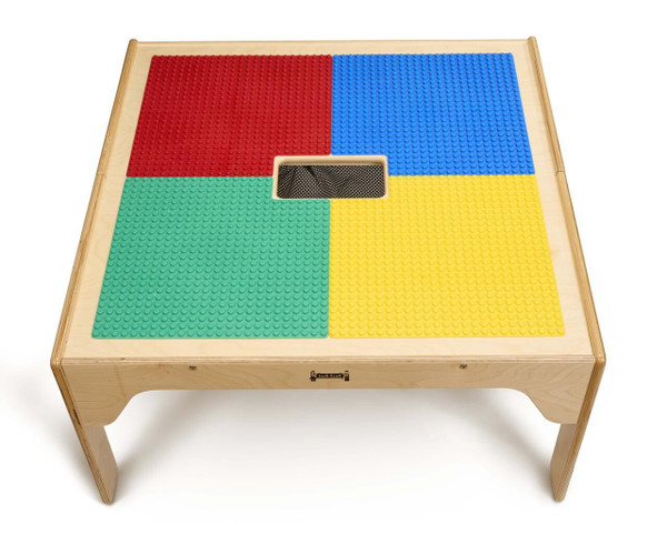Jonti-Craft Wooden Kids DUPLO® Square Storage Table, wooden table with colorful DUPLO® building blocks on top.