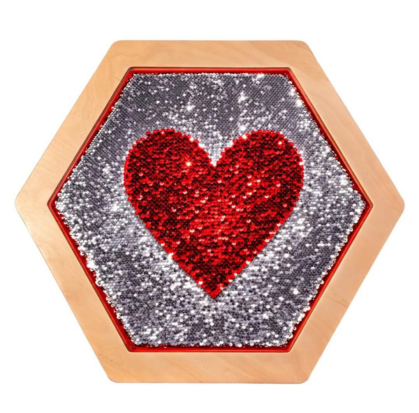 LiteZilla Multi-Sensory Hexagon Panel - Red to Silver Sequin Flip XL, a sensory sensory toy featuring a hexagon shape with a red and silver sequin flip design on a wooden base.