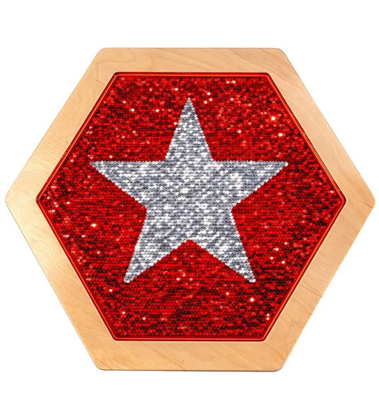 LiteZilla Multi-Sensory Hexagon Panel - Red to Silver Sequin Flip XL, a large hexagonal sensory panel featuring red and silver sequins that flip to create a star design.
