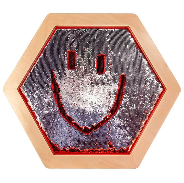 LiteZilla Multi-Sensory Hexagon Panel - Red to Silver Sequin Flip Classic, showcasing a hexagonal sensory panel with a smiley face design in red and silver sequins.