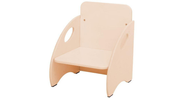 Moje Bambino Franek Kid's Armchair, a small wooden children's armchair with a light beige finish featuring cut-out handles on the sides and a high backrest for comfortable seating.