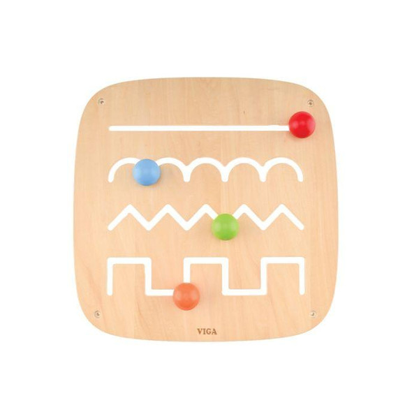 Moje Bambino Patterns Sensory Wall Panel, wooden activity panel with colored sliding beads on straight, curved, zigzag, and square-pattern tracks