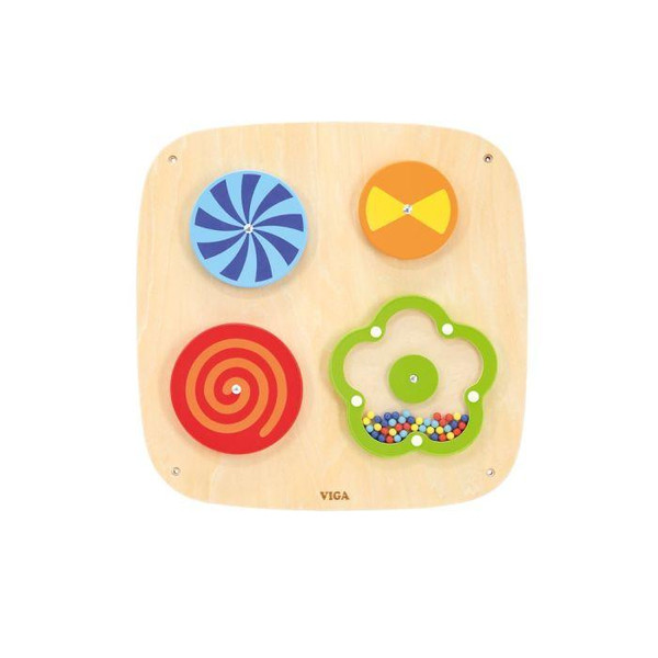 Moje Bambino Spinning Patterns Sensory Wall Panel, wooden sensory activity panel featuring colorful rotating spiral and pinwheel patterns with a bead-filled flower-shaped spinner.