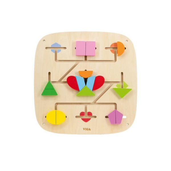 Moje Bambino Building Shapes Sensory Wall Panel, wooden activity panel with colorful geometric shapes that slide along tracks to support sensory play and shape recognition.