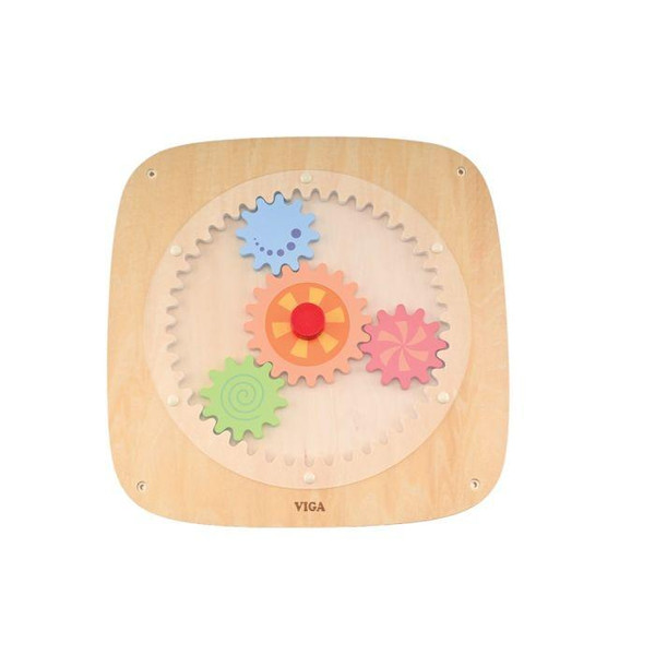 Moje Bambino Colorful Gears Sensory Wall Panel, wooden wall-mounted sensory activity panel with colorful interlocking gears in blue, orange, pink, and green