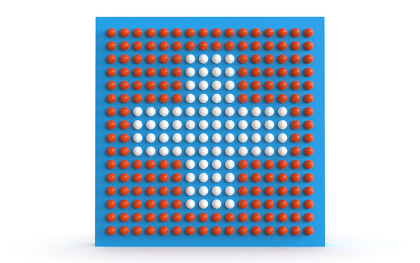 LiteZilla Spinfinity Small Ball STEM Wall Activity, blue activity board with orange and white balls arranged in a geometric pattern