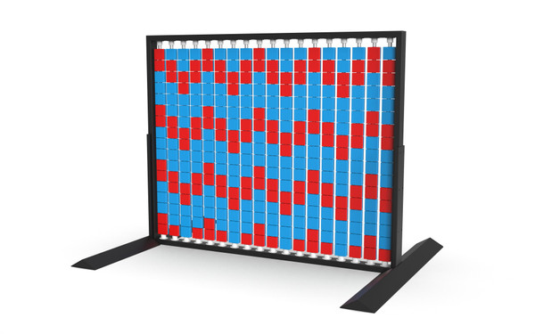 LiteZilla Mosaico Wall with Small Squares STEM Wall Activity, freestanding black interactive wall filled with blue and red square tiles arranged in a mosaic pattern.