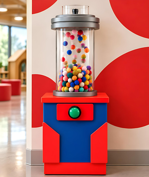LiteZilla PomPom Cyclone Sensory Wall Exhibit, colorful pom-poms swirling inside a clear cylindrical sensory display above a red and blue cabinet with a green activation button in a children's play space.
