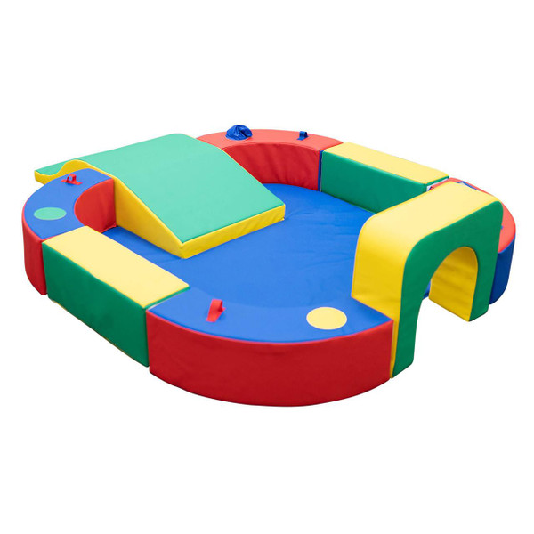 Children's Factory Soft Play Ring with Tunnel and Slide, colorful soft play equipment for children including a tunnel, slide, and cushioned barriers.