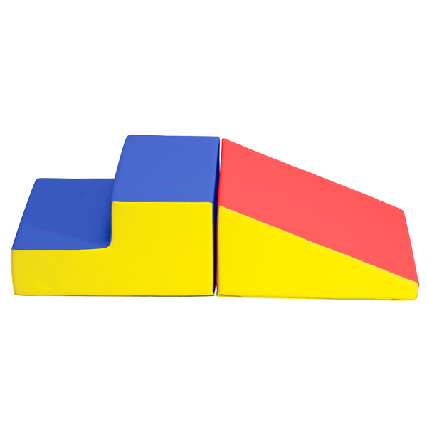 Children's Factory Basic Play Set Soft Play Climber, colorful foam climbing blocks in yellow, blue, and red, designed for children's indoor play and activity.