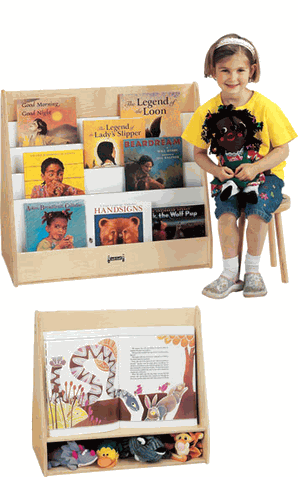 Jonti-Craft 1 Sided Pick-a-Book Stand, wooden book display stand holding children's books and learning materials with a young girl sitting next to it.