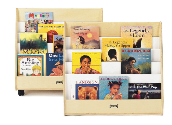 Jonti-Craft 1 Sided Mobile Book Browser - Pick-a-Book Stand, wooden mobile book display with multiple children and adult books organized in horizontal slots.