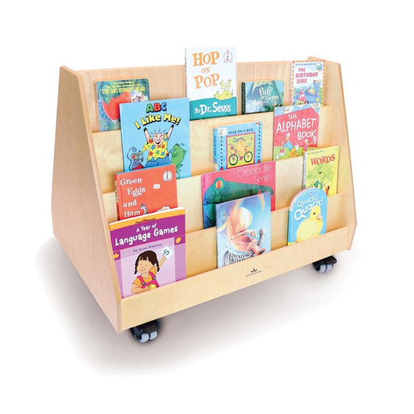 Whitney Brothers Two Sided Mobile Book Display Stand, wooden educational rolling book rack with two sides for organizing children's books