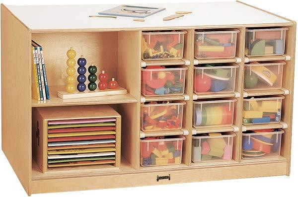 Jonti-Craft Mobile Storage Island with Trays, wooden storage unit featuring multiple transparent trays filled with educational toys and supplies.
