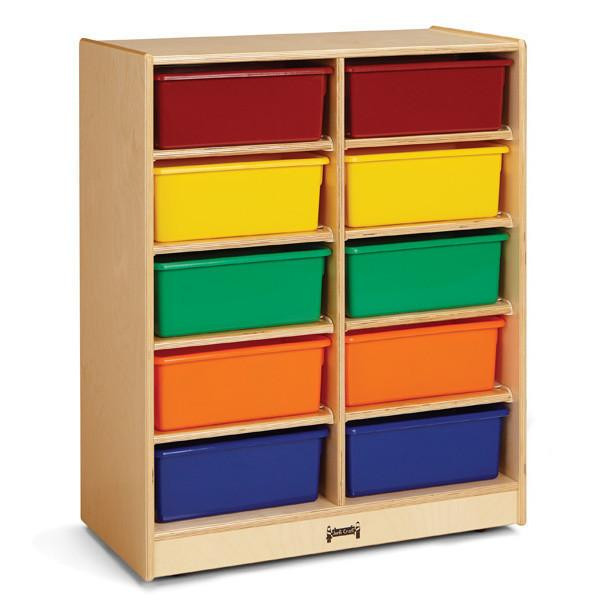 Jonti-Craft 10 Tub Mobile Storage with or without Tubs, wooden storage unit with 10 colorful plastic tubs in red, yellow, green, orange, and blue.