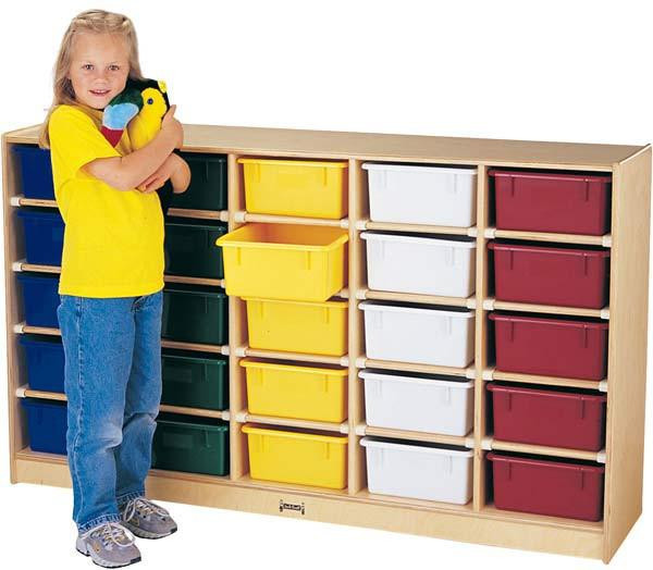 Jonti-Craft Single Storage Bin Cabinet with 25 Tubs, organized multi-colored storage bins with a young girl in a yellow shirt and jeans standing beside it.