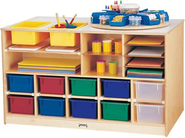 Jonti-Craft Mobile Storage Island - Twin with Trays, a wooden storage unit featuring multiple colorful bins, trays, and compartments for classroom organization.