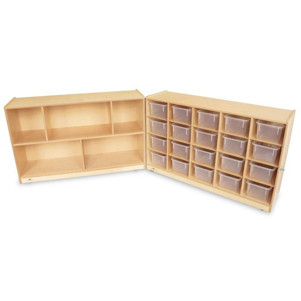 Whitney Brothers Clear Tote-Tray Fold and Roll Cubby Storage Cabinet, wooden storage cabinet with multiple compartments and clear plastic tote trays.