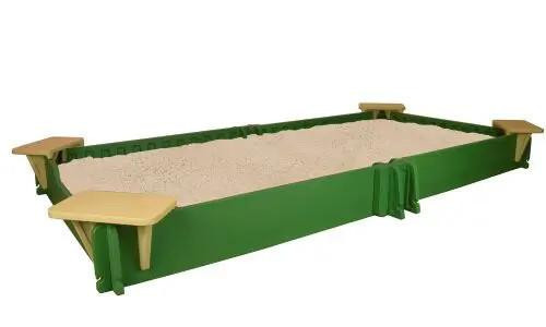 SandLock Plastic Sandbox with Cover 5' x 10', green sandbox filled with sand and a cover partially opened