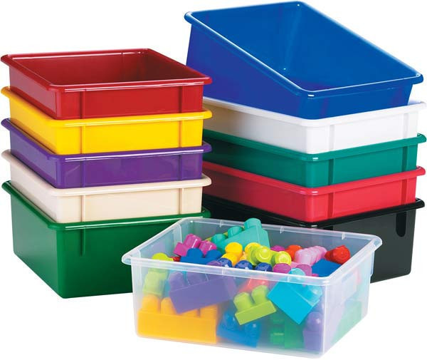 Jonti-Craft Plastic Storage Tubs, colorful plastic storage bins in red, yellow, purple, white, green, black, and the transparent tub filled with colorful building blocks.