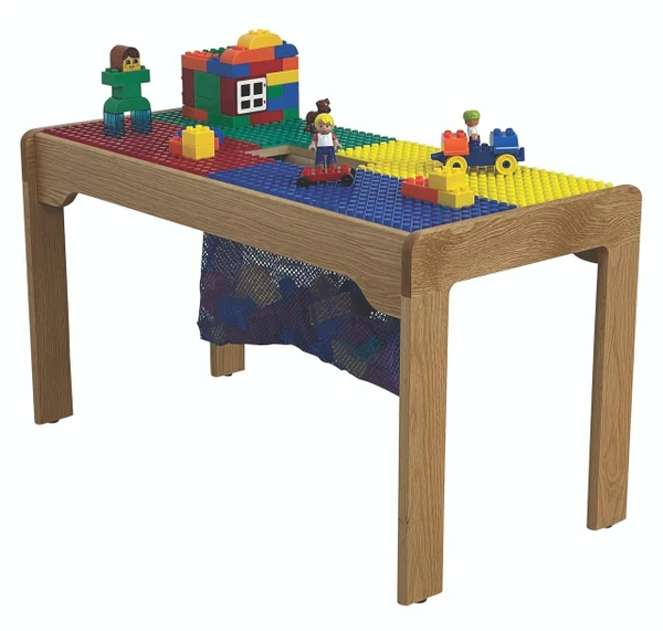 Synergy Management Fun Builder Wooden DUPLO® Table - 32" x 16" with LEGO bricks and toys for children's play and building activities.